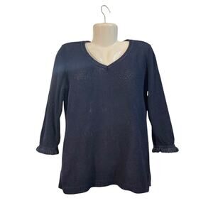 Talbots Women's Navy V-Neck Waffle Knit 3/4 Fringe Sleeves Pullover Sweater SZ M